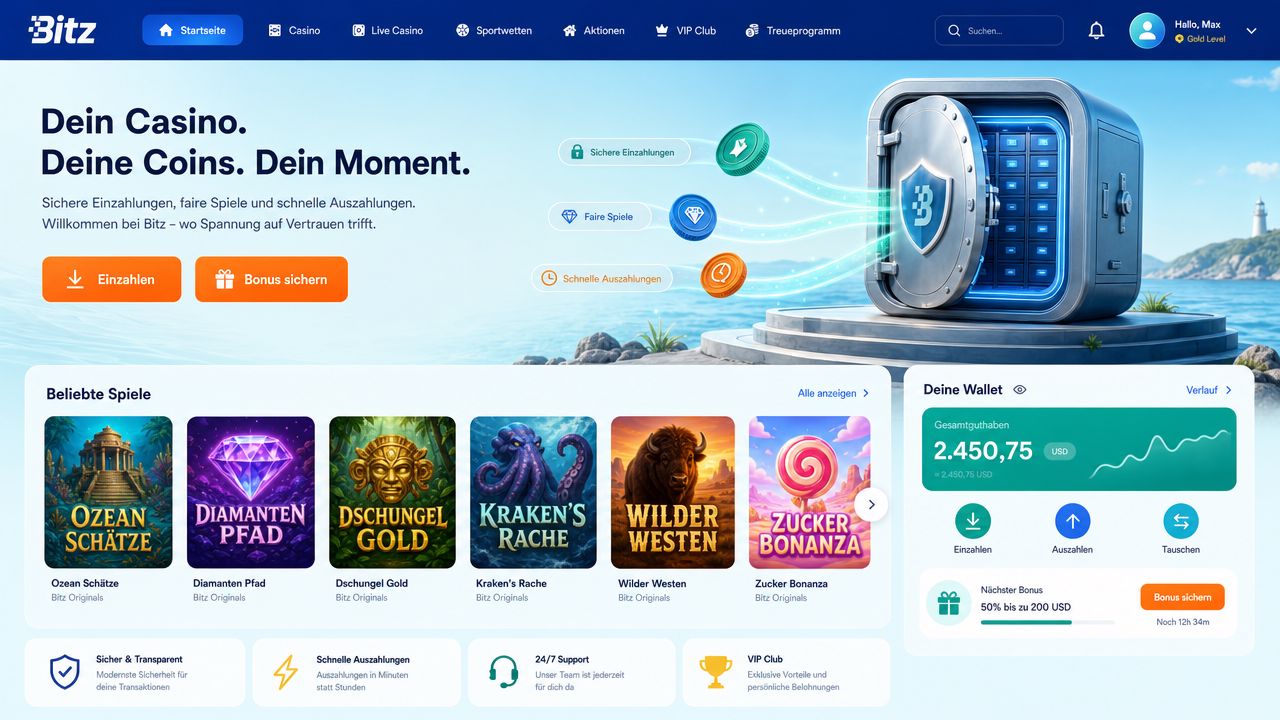 Desktop-Ansicht der Bitz Casino-Plattform mit Krypto- und Kartenzahlungsoptionen