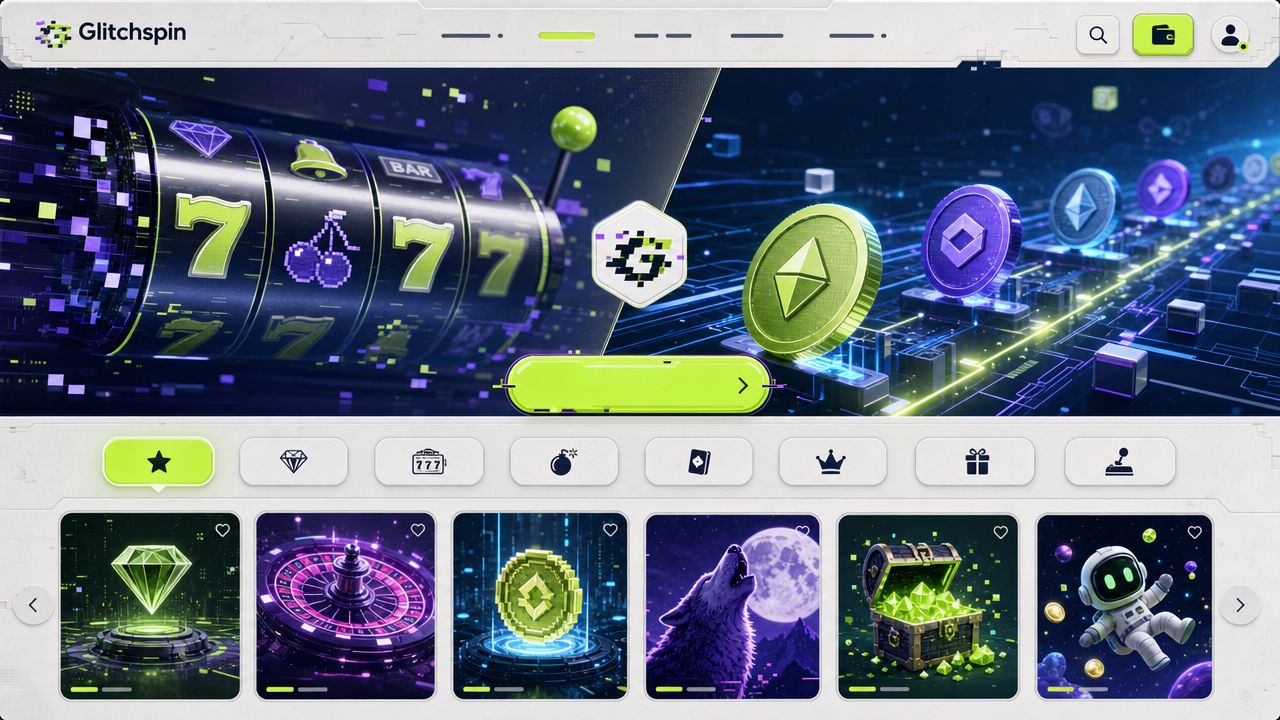 Startseite von Glitchspin mit Spielkategorien und Spielautomaten-Kacheln