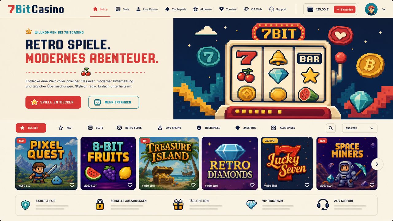 Startseite von 7BitCasino mit Spielautomaten und Spielkategorien
