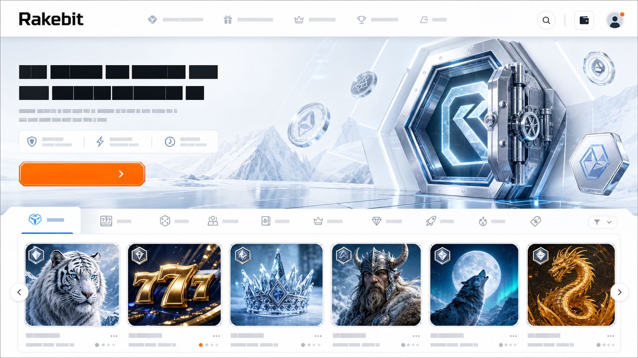 Rakebit Krypto-Casino Startseite mit Spielangebot und Zahlungsbereich