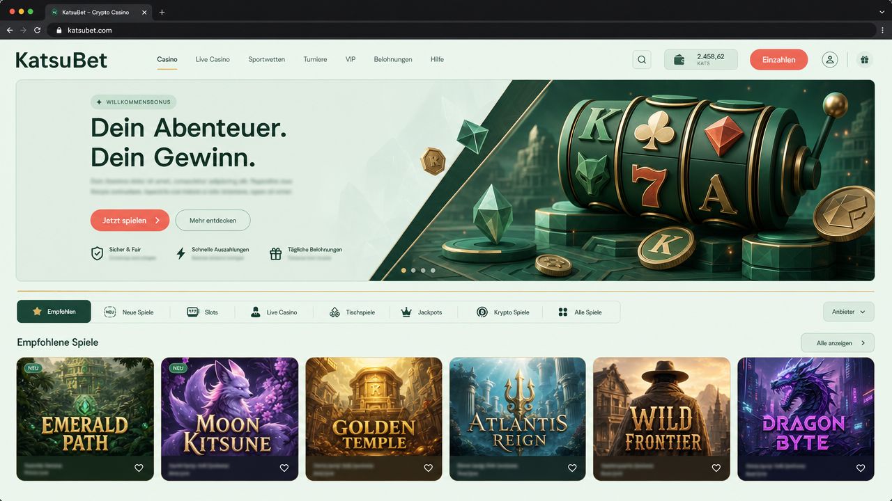 Startseite von KatsuBet mit Spielkategorien und Kacheln für Spielautomaten