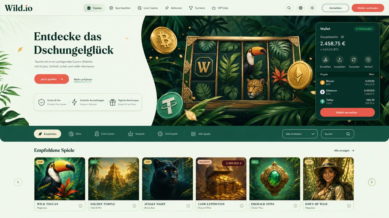 Startseite von Wild.io mit Spielkategorien und Wallet-Bereich