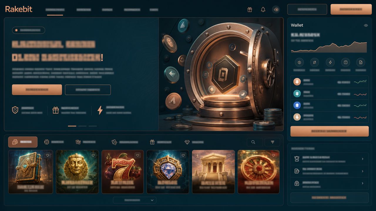 Startseite von Rakebit mit Wallet-Bereich, Spielkategorien und Slot-Übersicht