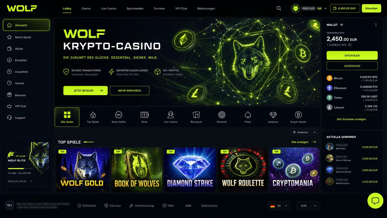 Wolf.io Casino Desktop-Oberfläche mit Spielangebot