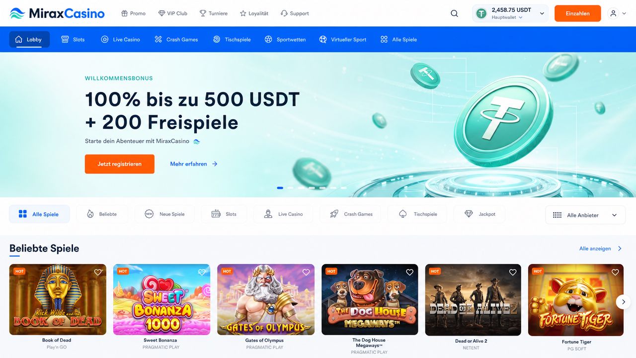 Screenshot der MiraxCasino-Plattform mit Spielübersicht und Zahlungsoptionen