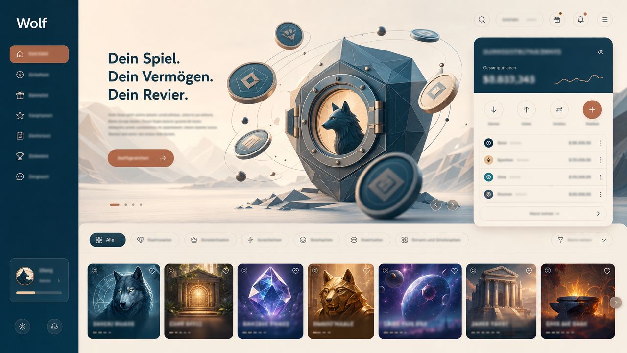 Startseite des Online-Casinos Wolf.io mit Spielkategorien und Wallet-Bereich