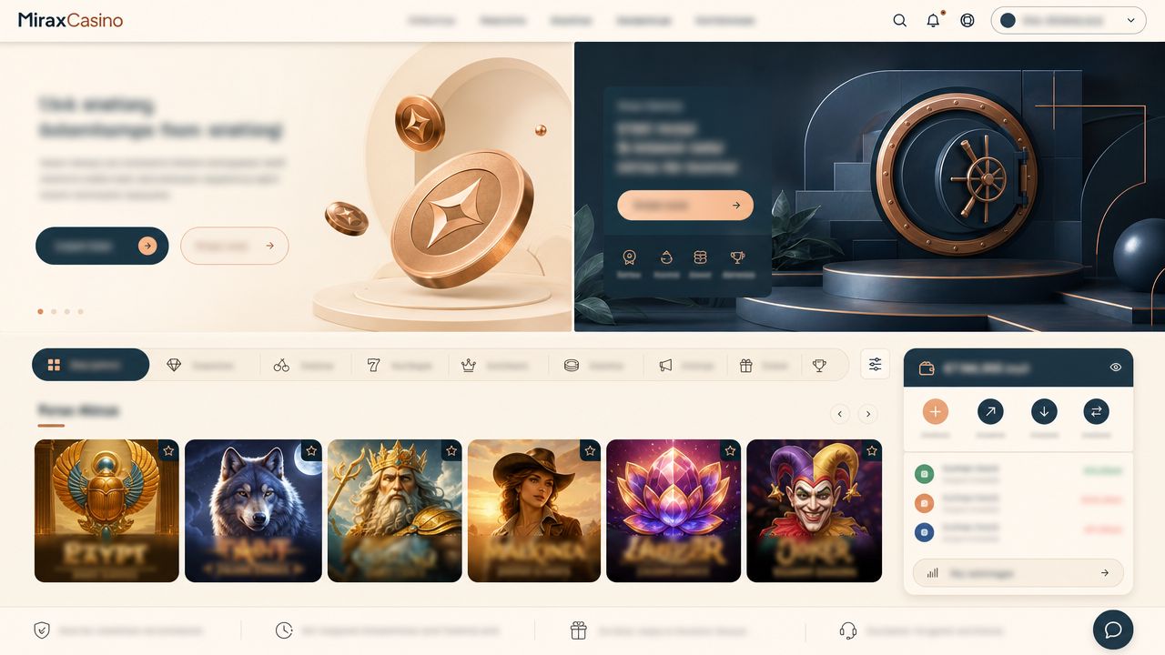 Startseite von MiraxCasino mit Spielkategorien, Slot-Übersicht und Wallet-Bereich