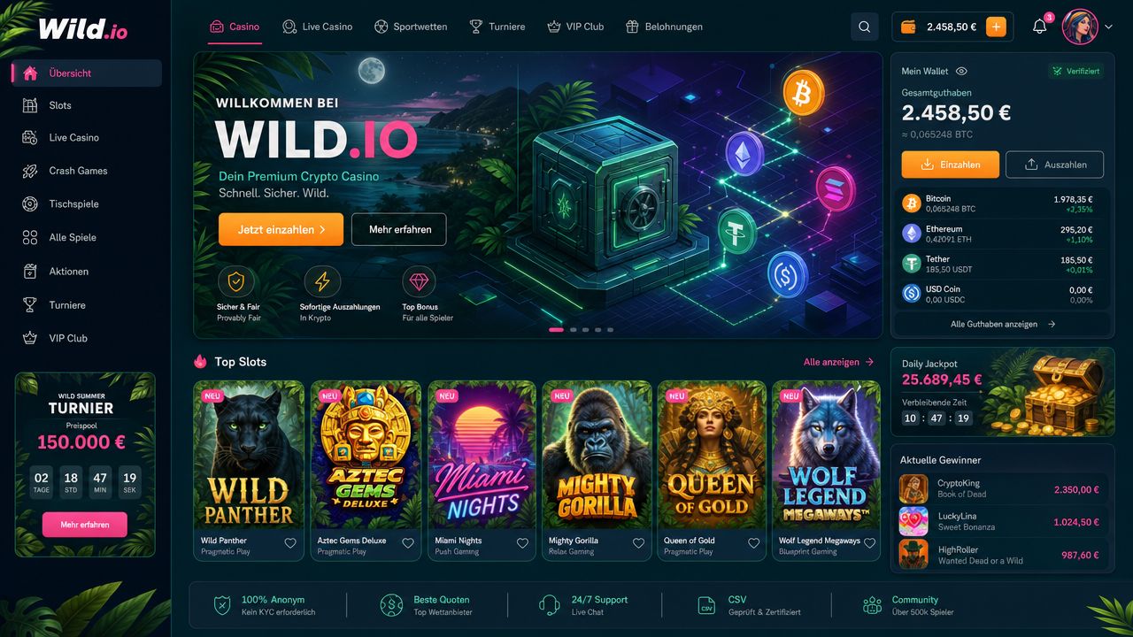 Wild.io Krypto-Casino Desktop-Oberfläche mit teal-orangenem Fintech-Design