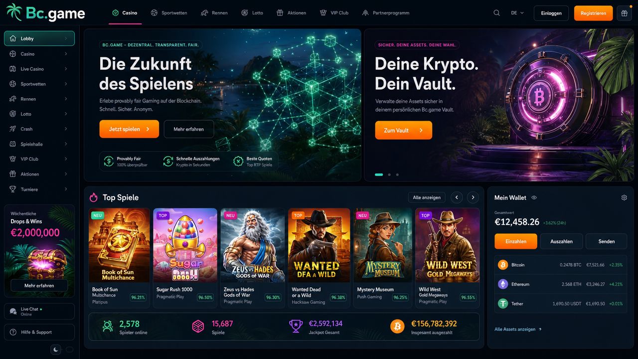 Bc.game Casino-Interface: Übersicht mit Casino-Spielen und Sportwetten-Bereich