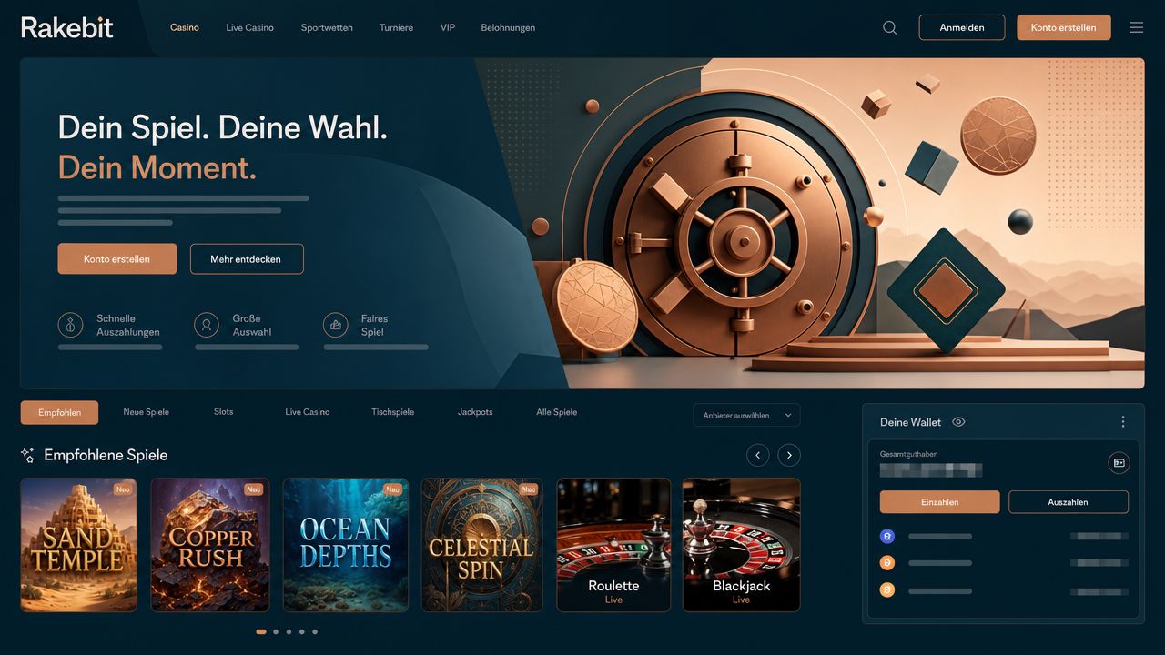 Startseite des Online-Casinos Rakebit in der Desktop-Ansicht