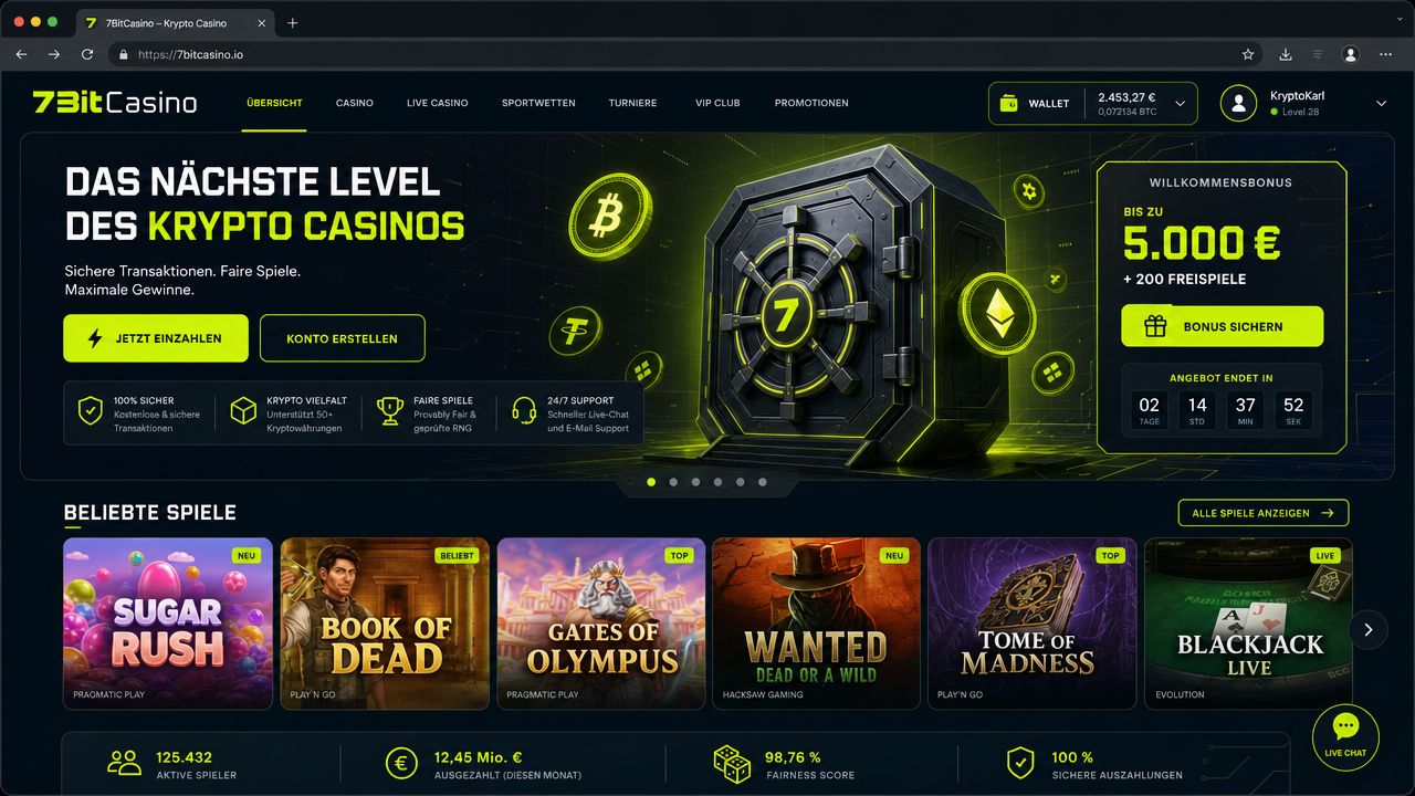 Screenshot der 7BitCasino-Plattform mit Spieleübersicht und Casino-Dashboard