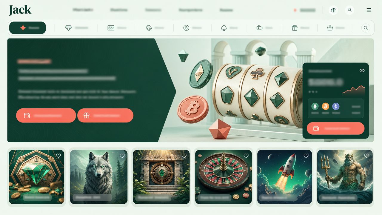 Startseite des Online-Casinos Jack mit Spielkategorien und Bonusbereich
