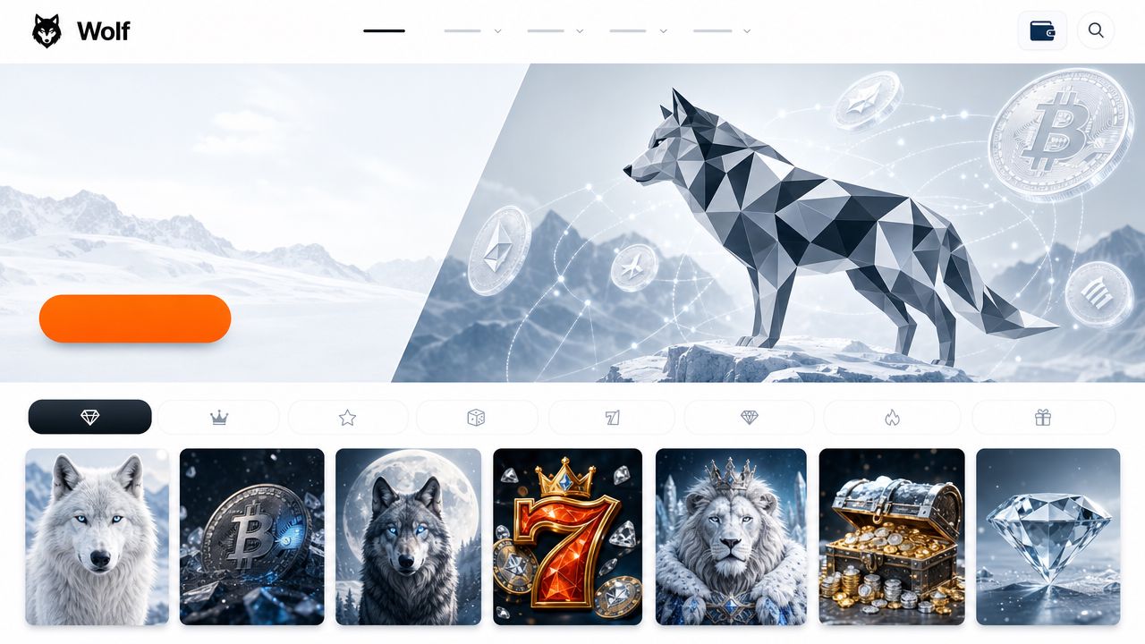Startseite des Online-Casinos Wolf.io mit Spielkategorien und Slot-Übersicht