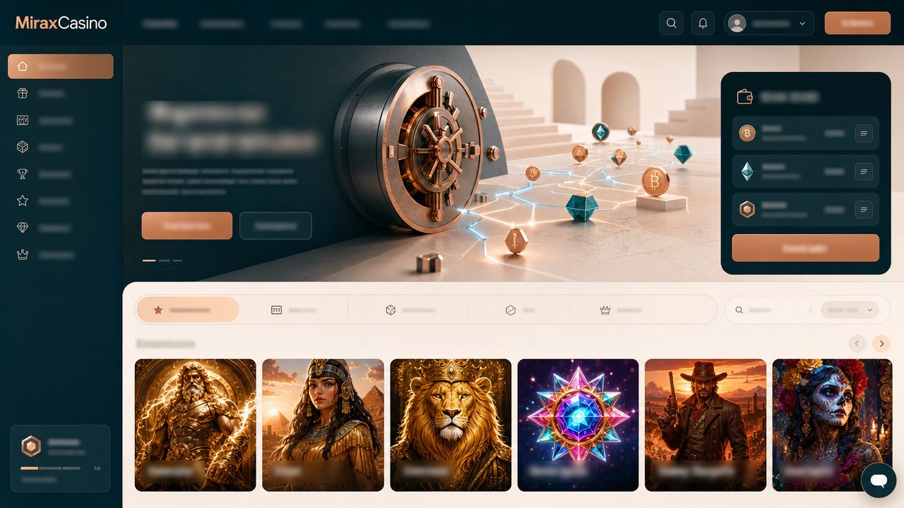 Startseite von MiraxCasino mit Wallet-Bereich und Slot-Auswahl