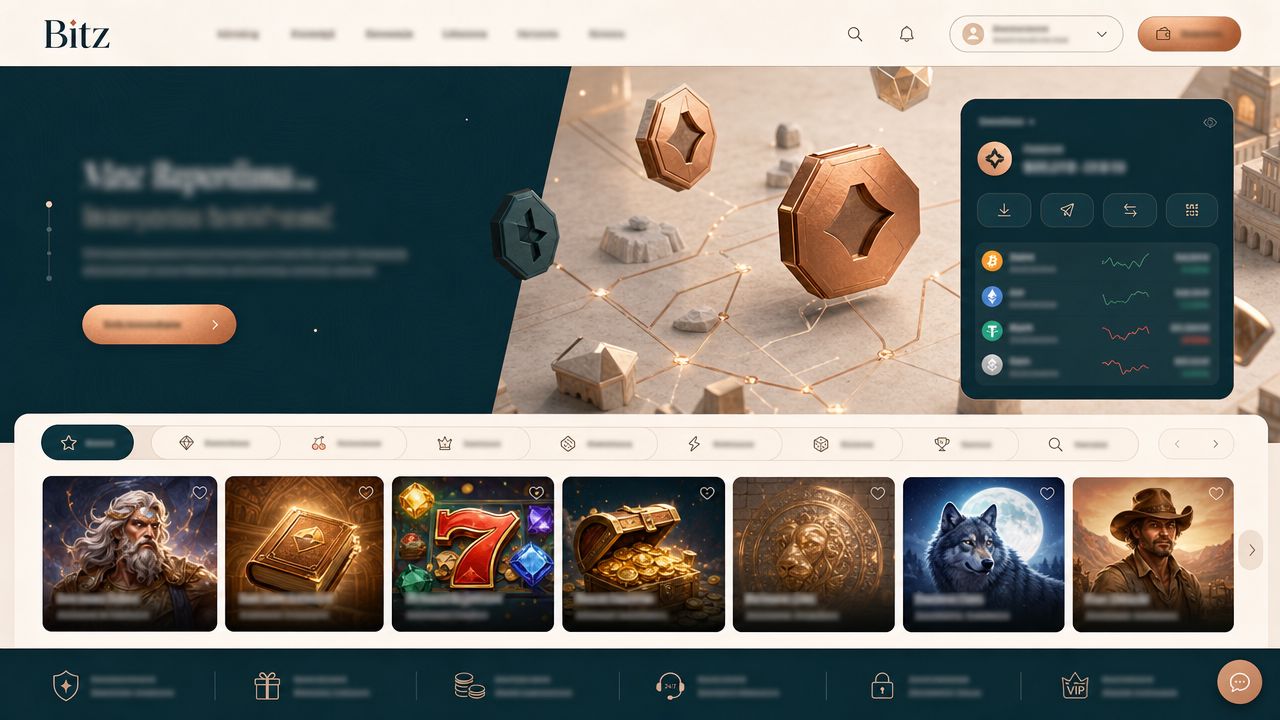 Startseite des Online-Casinos Bitz mit Wallet-Bereich und Spielkategorien