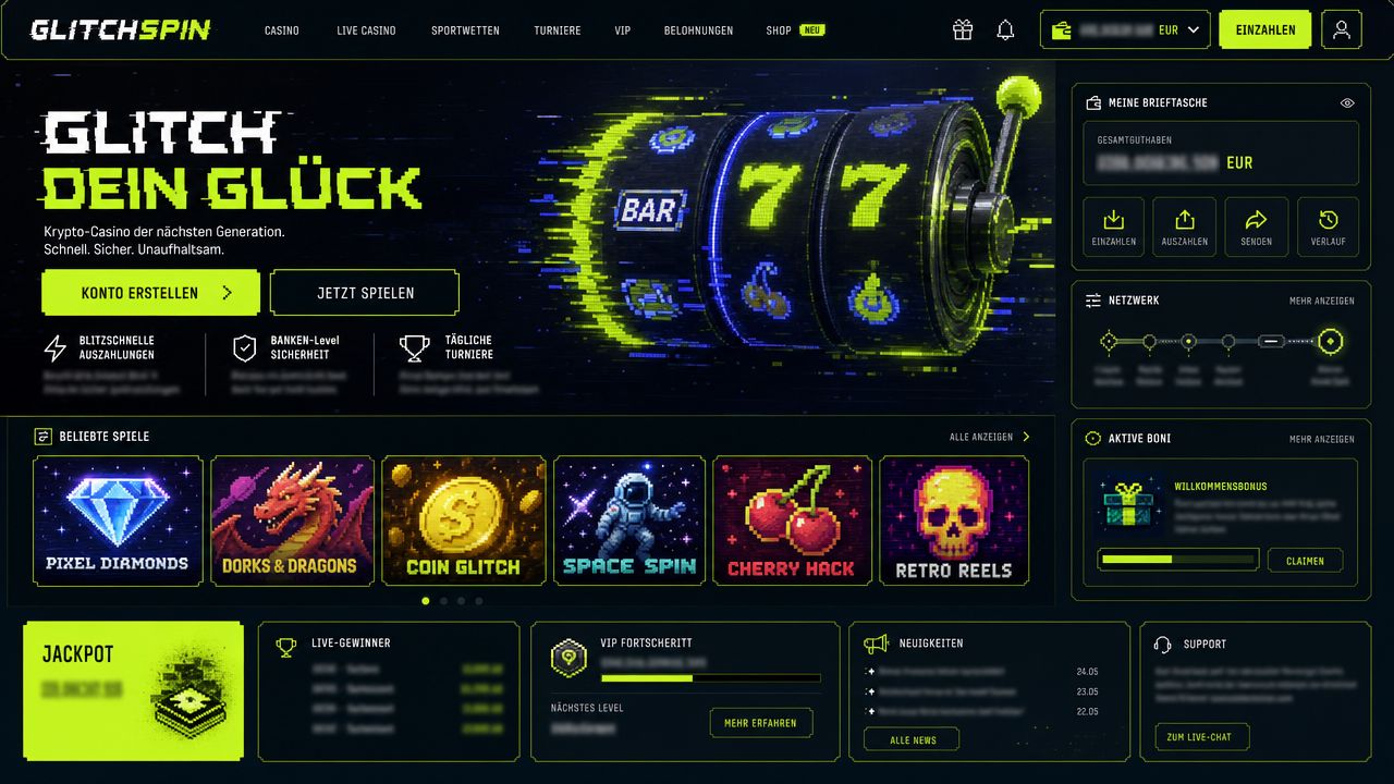 Glitchspin Casino Startseite mit Retro-Futurismus-Pixeldesign