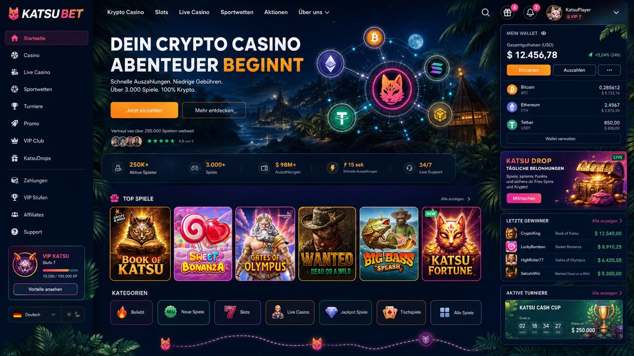 KatsuBet Casino Desktop-Ansicht mit Krypto-Dashboard und tropischem Farbdesign